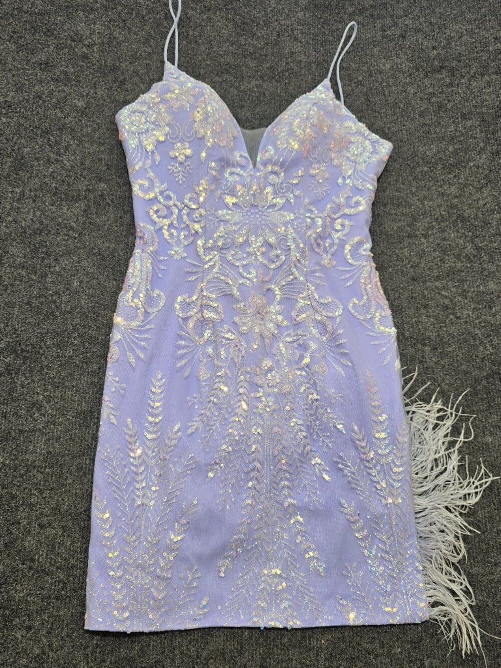 Nox Anabel Formal Dress Size 4 – Lavender Sequin Rhinestone Feather Hem PromStun
